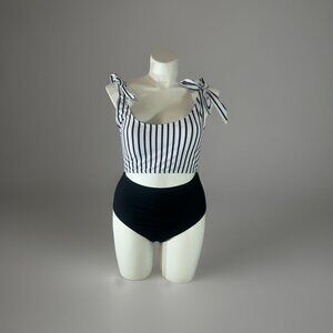 Women's One Piece Swimsuit Size XL Black Bottom White & Black stripes Top Bikni